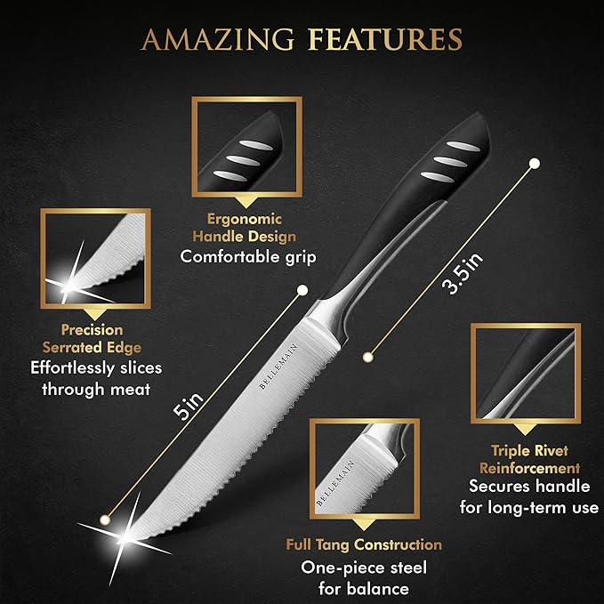Bellemain Premium Steak Knives Set of 8, Kitchen Knife Sets with Steel Blades for Precise Cutting, Lightweight Steak Knife Set Stainless Steel & Durable, Serrated Steak Knives Dishwasher Safe