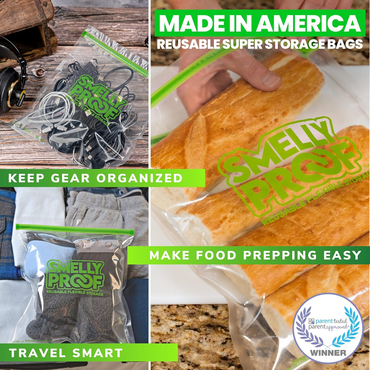 Reusable Storage Bags for Food by Smelly Proof Bags - MADE IN USA, Easy Clean, Dishwasher-Safe, BPA FREE, NO PEVA, XL 3-mil Thick Bags, Extra Large Clear FLAT 10.5" x 12" GALLON 10-Pack