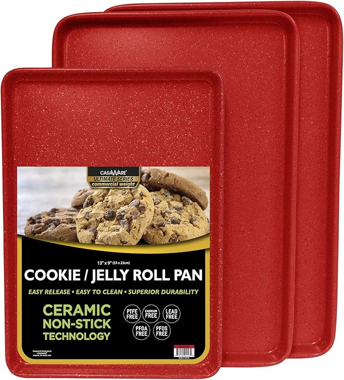 casaWare 3pc Ultimate Commercial Weight Cookie Sheet Set, Two 15 x 10-Inch Pans, One 13 x 9-Inch-Inch Pan (Red Granite)