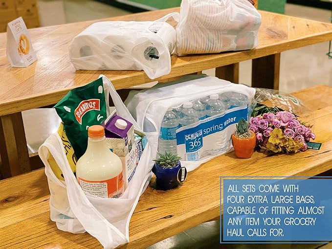 purifyou Set of 9 Reusable Grocery Bags with Handles, Dual-Purpose See-Through Mesh, Washable Foldable Shopping Bags for Groceries, Food Storage, Kitchen Supplies, and Home Organization