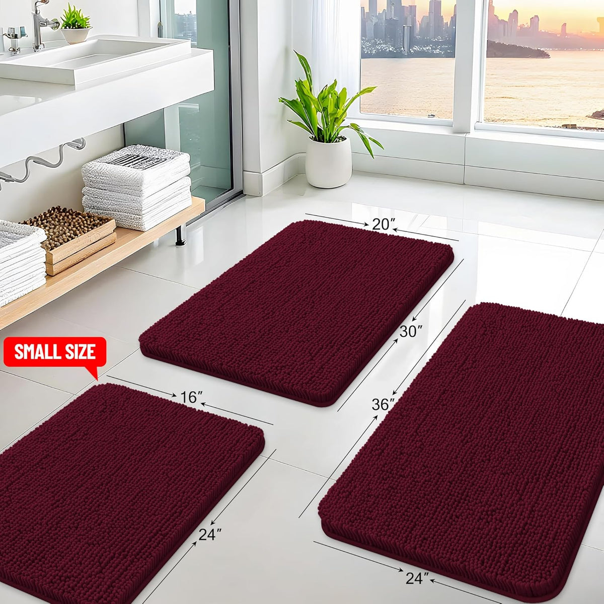 Arotive Bathroom Rugs 24x16, Extra Soft Absorbent Shaggy Chenille Bath Rugs, Machine Washable Rubber Backing Non-Slip Bath Mats for Bathroom Floor Tub and Shower, Home Decor Accessories, Burgundy