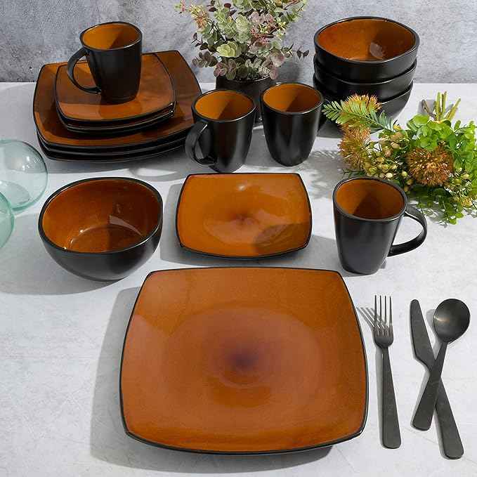 Gibson Elite Soho Lounge Square Reactive Glaze Stoneware Dinnerware Set, Service for 4 (16pc), Amber