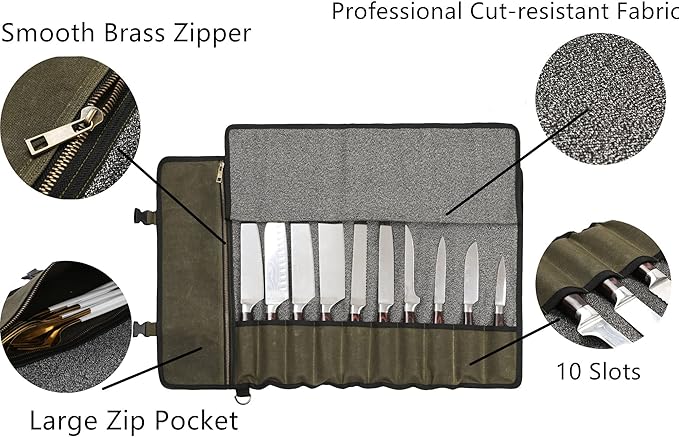 Denifiter Professional Chef's Knife Bag with Anti Cutting Fabric Inside, Heavy Duty 16oz Waxed Canvas, 10 Slots & 1 Large Zipper Pocket & Durable Handle(Army Green)
