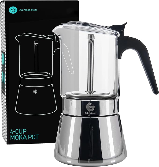 Coffee Gator 4 Cup Moka Pot, 6.7oz Stovetop Espresso Maker for Italian Coffee, Transparent Glass & Stainless Steel Design, Silver, 200ml