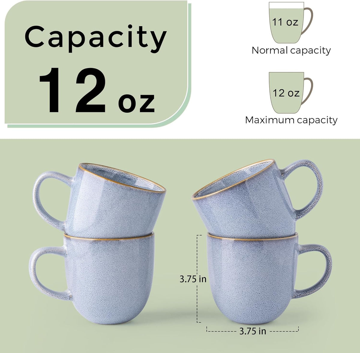 AmorArc 12oz Coffee Mugs, Ceramic Coffee Mugs set of 6 for Man, Woman, Dad, Mom, Modern Coffee Mugs with handle for Latte/Cappuccino/Milk/Cocoa. Dishwasher&Microwave Safe, Blue-Reactive Glaze