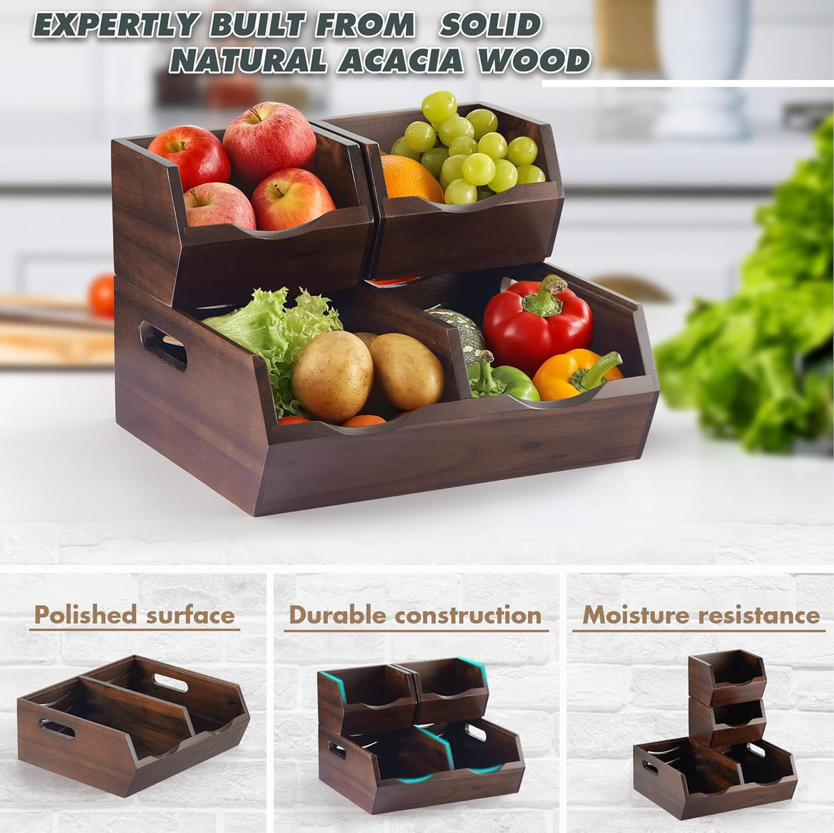 Acacia Wood Pantry Storage Bins - Stackable Open Front Kitchen Baskets with Airflow Vent for Potato, Onion, Fruit, Vegetable, and Bread Storage, Wood Organizer for Pantry and Countertop