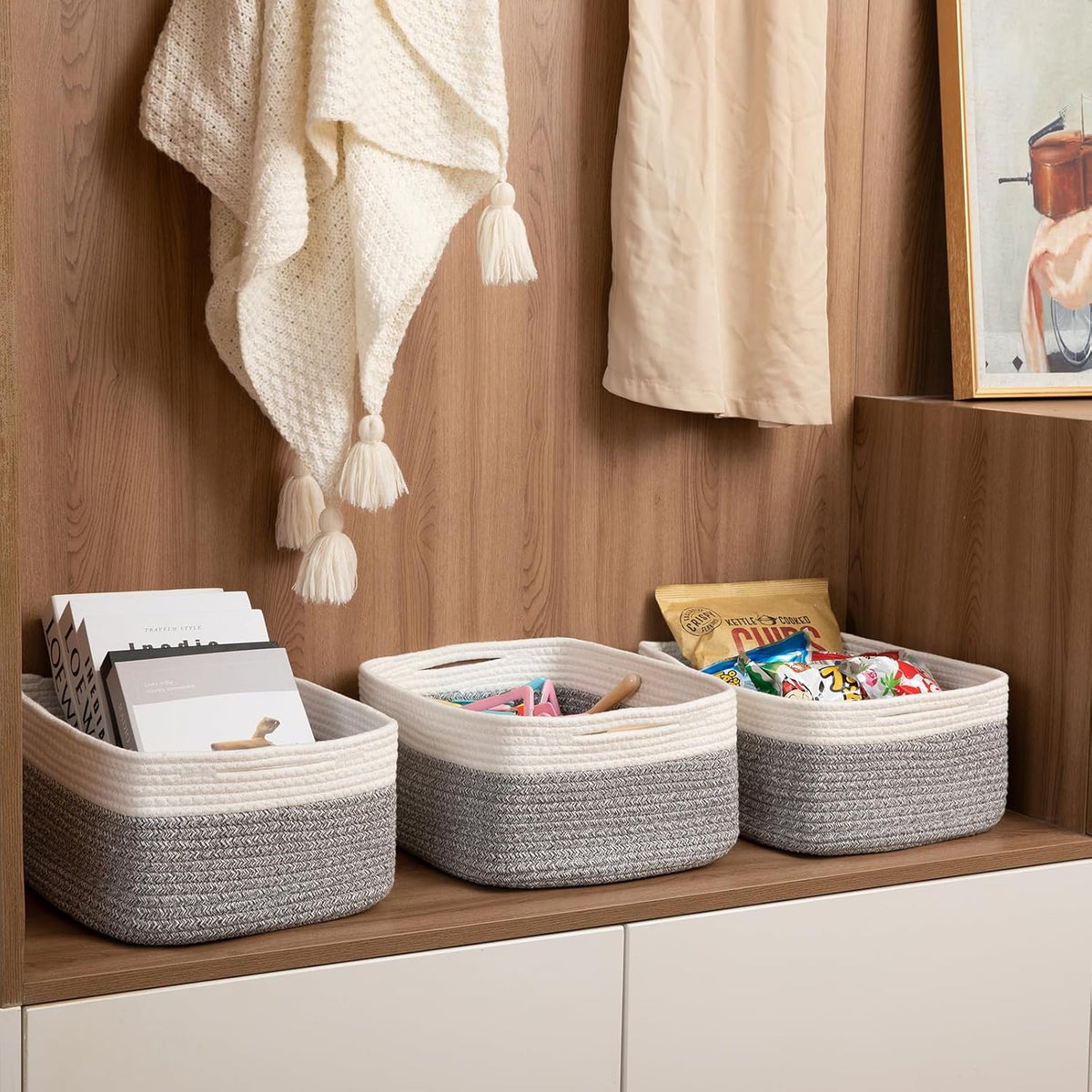 Storage Baskets for Organizing 3 Pack, Woven Baskets for Shelves, Closet Organizer Bins Empty Gift Basket Toy Storage for Toys, Books, Towels, Clothes, 15"x11.42"x6.7", Grey