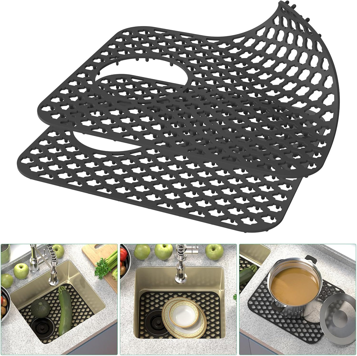 TOOVEM Kitchen Sink Mats, 2PCS Non-Slip Heat Resistant Silicone Sink Protector Mat, Folding Farmhouse Rear Drain Sink Mats, Side Drain, Black