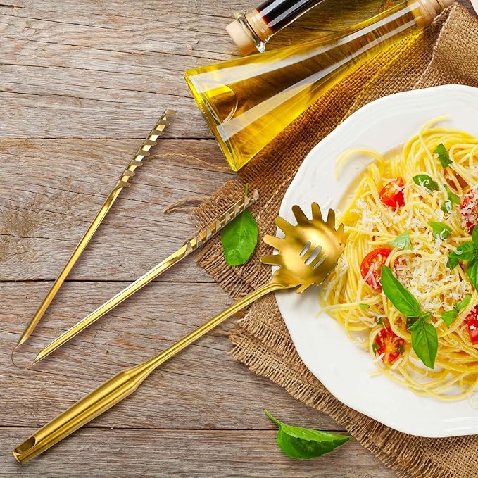 Patelai 2 Pcs Stainless Steel Pasta Spoon with Teeth Large Spaghetti Utensil, 9.4'' Tong and 13.6'' Pasta Fork with Vacuum Handle, Comfortable Grip Design Spoons for Kitchen