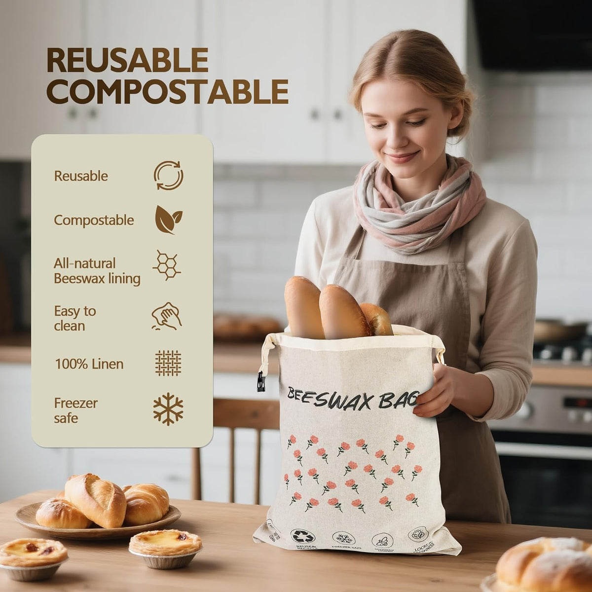 3-Pack Reusable Beeswax Bread Bags for Homemade Bread Sourdough, 2 Natural Beeswax 100% Linen Moisture-proof Lined Storage Bags with Buckle& 1 Bowl Covers –Easy to Clean,Safe,Keeps Bakes Fresh Longer