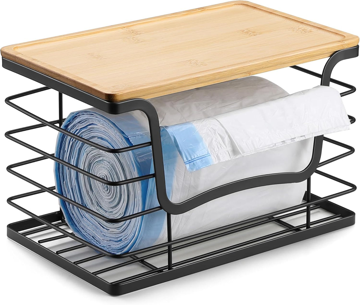 Trash Bag Dispenser Holder for Kitchen Laundry Wall Mount Stackable Garbage Bag Dispenser Roll Holder with Bamboo Top for Countertop, Under Sink