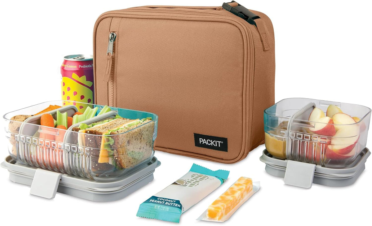 PackIt Freezable Classic Lunch Box, Almond, Built with ECOFREEZE Technology, Collapsible, Reusable, Zip Closure With Zip Front Pocket and Buckle Handle, Designed for Fresh Lunch On the Go
