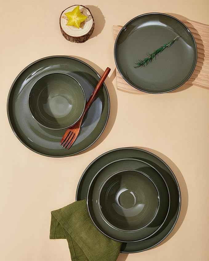 18 Piece Dinnerware Set for 6, Reactive Glaze Terracotta Plates and Bowls Set, Large Family-Sized Stoneware Dish Set for Gatherings, Chip and Scratch Resistant, Blackish Green
