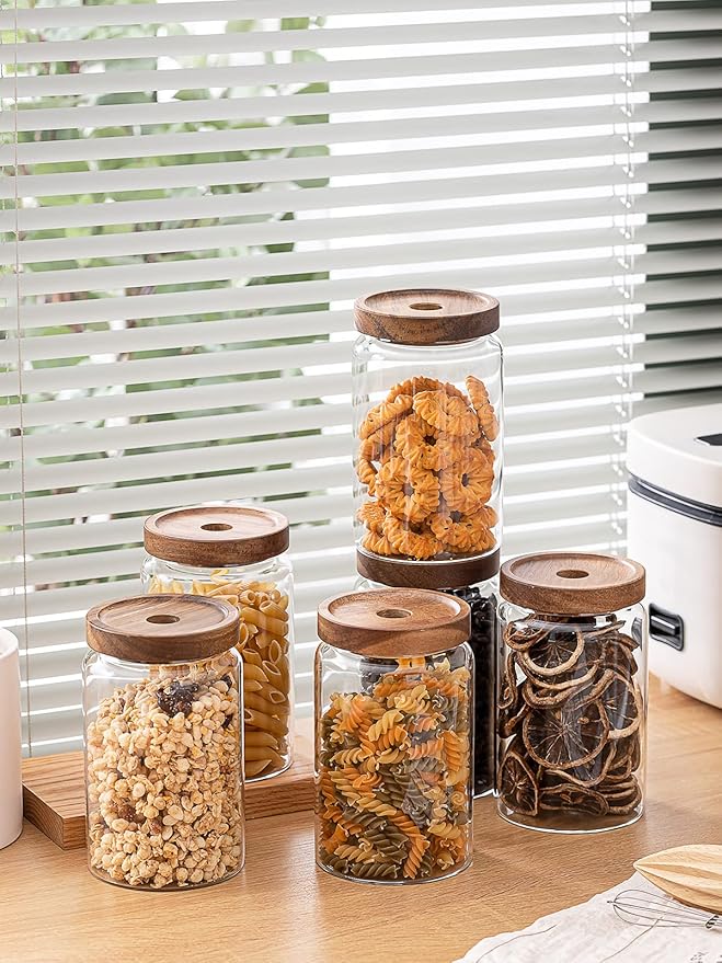 Kanwone Glass Storage Containers Set of 6, 28 Ounce Airtight Food Storage Containers with Bamboo lids, Clear Glass Jars for Pantry, kitchen, Flour, Sugar, Tea, Coffee, Snack, Cookies, Spice and Herbs