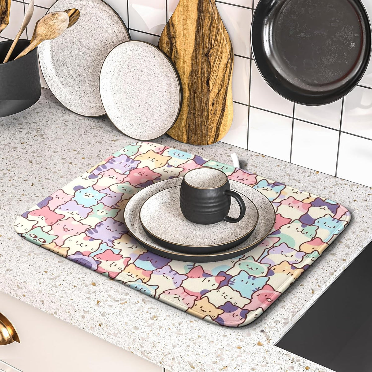 Colorful Cats Dish Drying Mat 16x18 inch Cute Animal Microfiber Reversible Fast Dry Dishes Drainer Rack Pad for Counter Kitchen Table Decor
