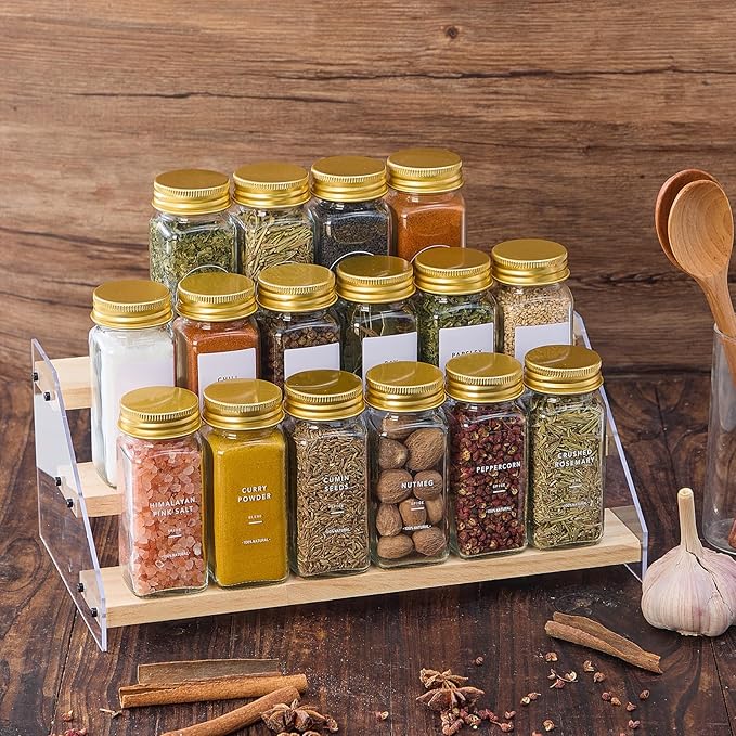 24 Pcs Glass Spice Jars with 576 Labels, 4oz Empty Square Spice Containers,Seasoning Bottles with Gold Metal Caps - Shaker Lids, Funnel and Pen Included