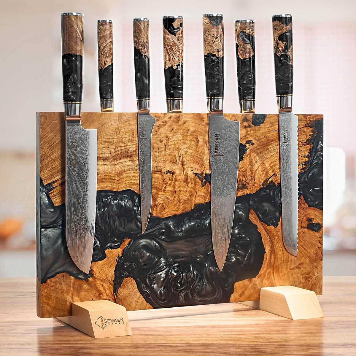 SENKEN "Black Tsunami" Extra Large Magnetic Knife Block - Holds Up to 16 Knives - Knife Block without Knives, Universal Knife Holder, Beautiful Dark Resin & Natural Wood Blend (Black Resin)