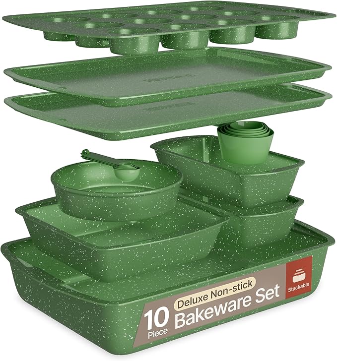 Green 10-Piece Bakeware Sets, Nonstick Carbon Steel Baking Sheet & Pans, Stackable Space-Saving Bakeware, Dishwasher Safe, Stain-resistant, PFOAPFOSPTFE Free, Oven Safe Up To 450°F (230°C)