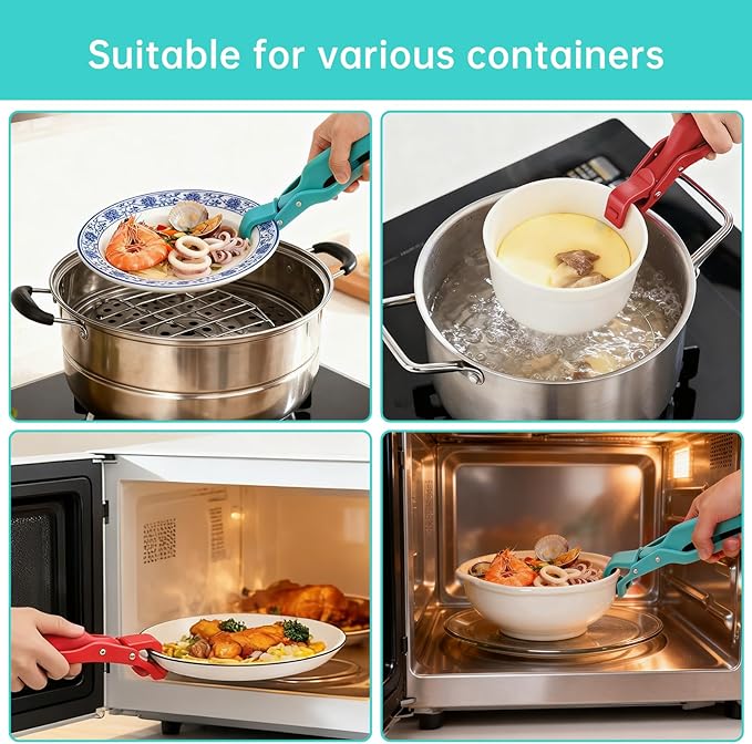 2Pc Hot Plate Gripper Tongs, Silicone Non-Slip Kitchen Utensil, Heat Insulation Anti-Scald Bowl Holder Clip for Cooking (Red + Green)
