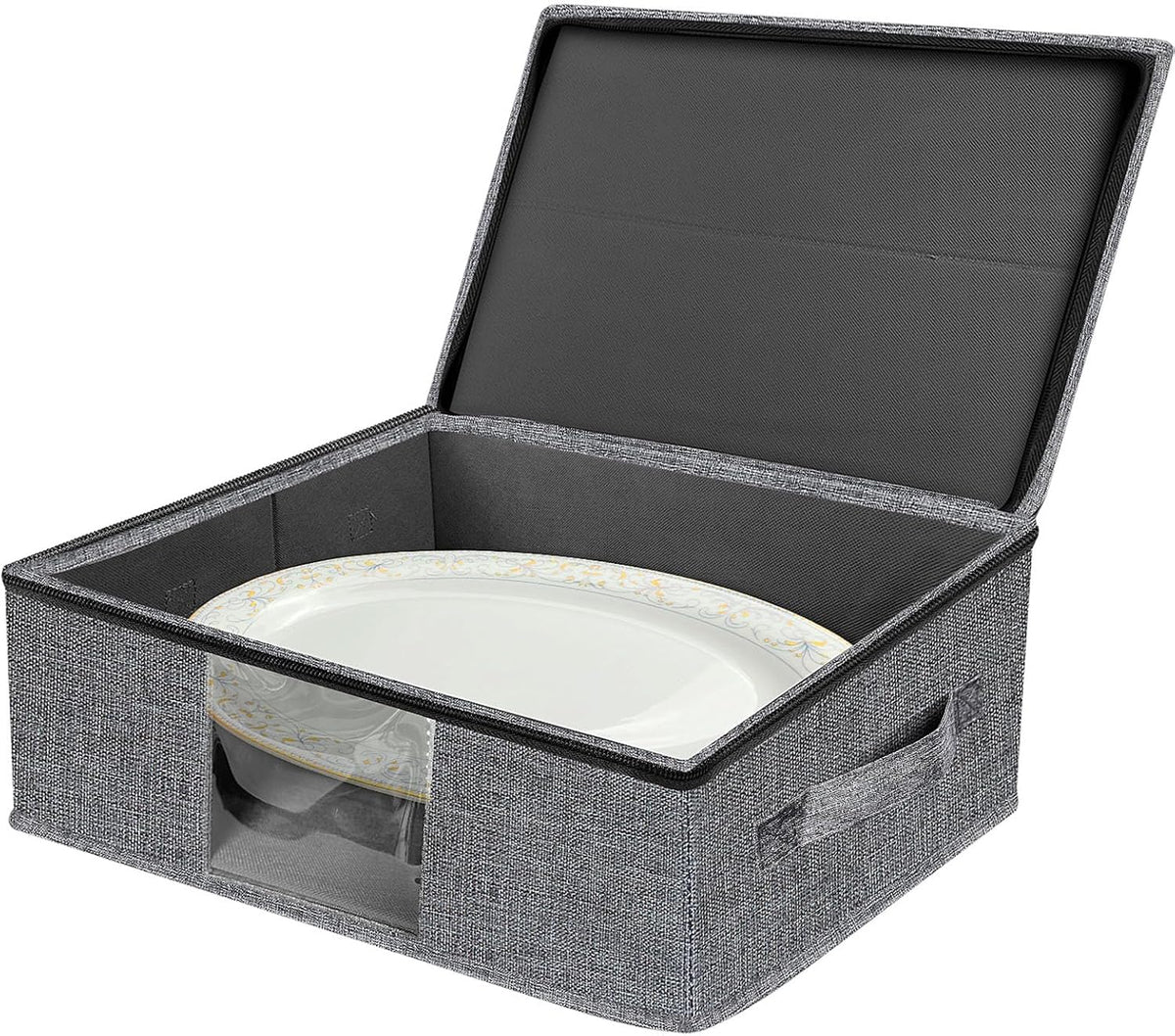 Platter Storage Case - Plate Storage Containers with PVC Windows,16.5“x12.6x5.5'', Stackable China Storage Containers Hard Shell,4 Felt Dividers Included for Dish,Plate, Dinnerware and Transport(Gray)
