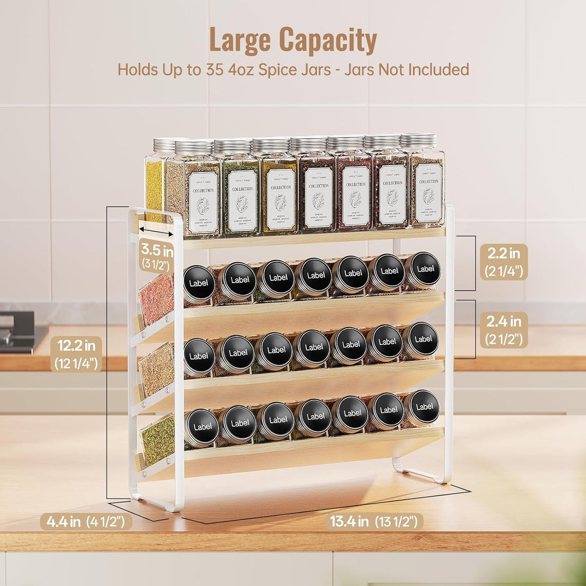 MUDEELA 4 Tier Spice Rack Organizer for Cabinet,Wooden Vertical Spice Shelf, Seasoning Organizer for Countertop, Kitchen, Pantry, Freestanding, 13.4" W × 11.2" H (No Jars Included), White