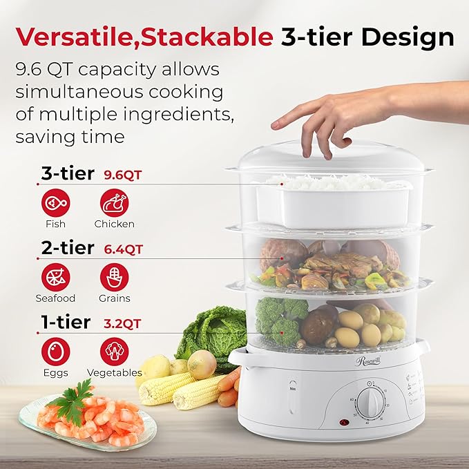 Rosewill Electric Food Steamer with 3 Tiers BPA-Free Stackable, Dishwasher Safe Baskets, 800W with fast steam heating within 40s, Auto shut-off and 60-min timer, 9.5 Quarts Capacity - White