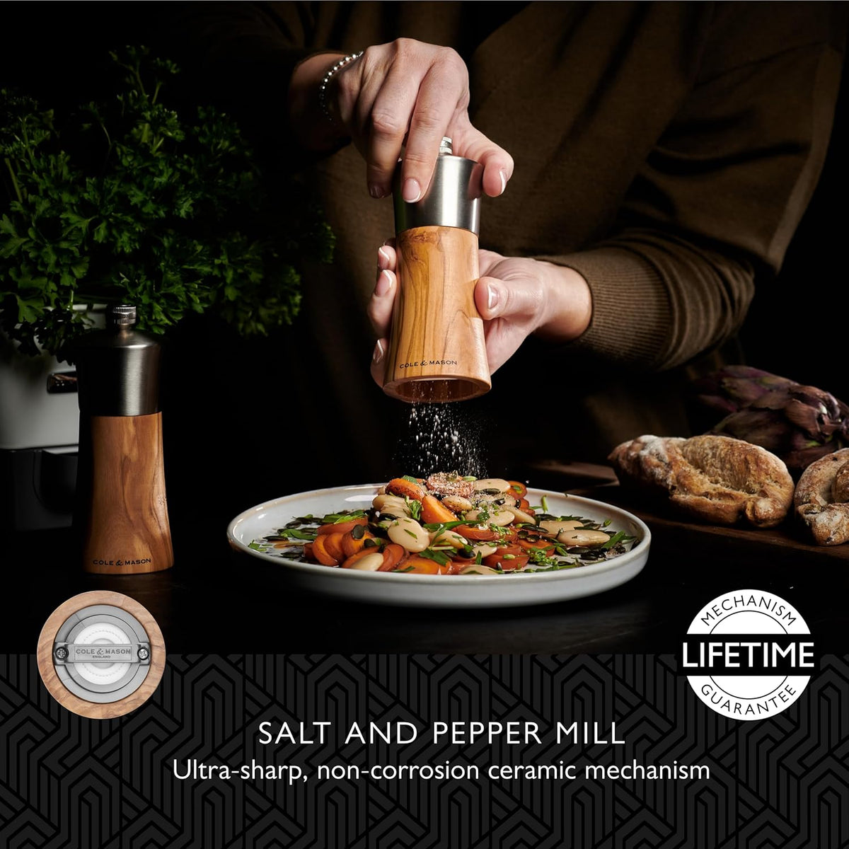 Cole & Mason Bromley Salt Mill, 6" - Salt Grinder with Ultra-Sharp Grinding Mechanism - Flavor-Enhancing Salt Shaker - Refillable Mill with Adjustable Grinding - Olive Wood, Salt Mill