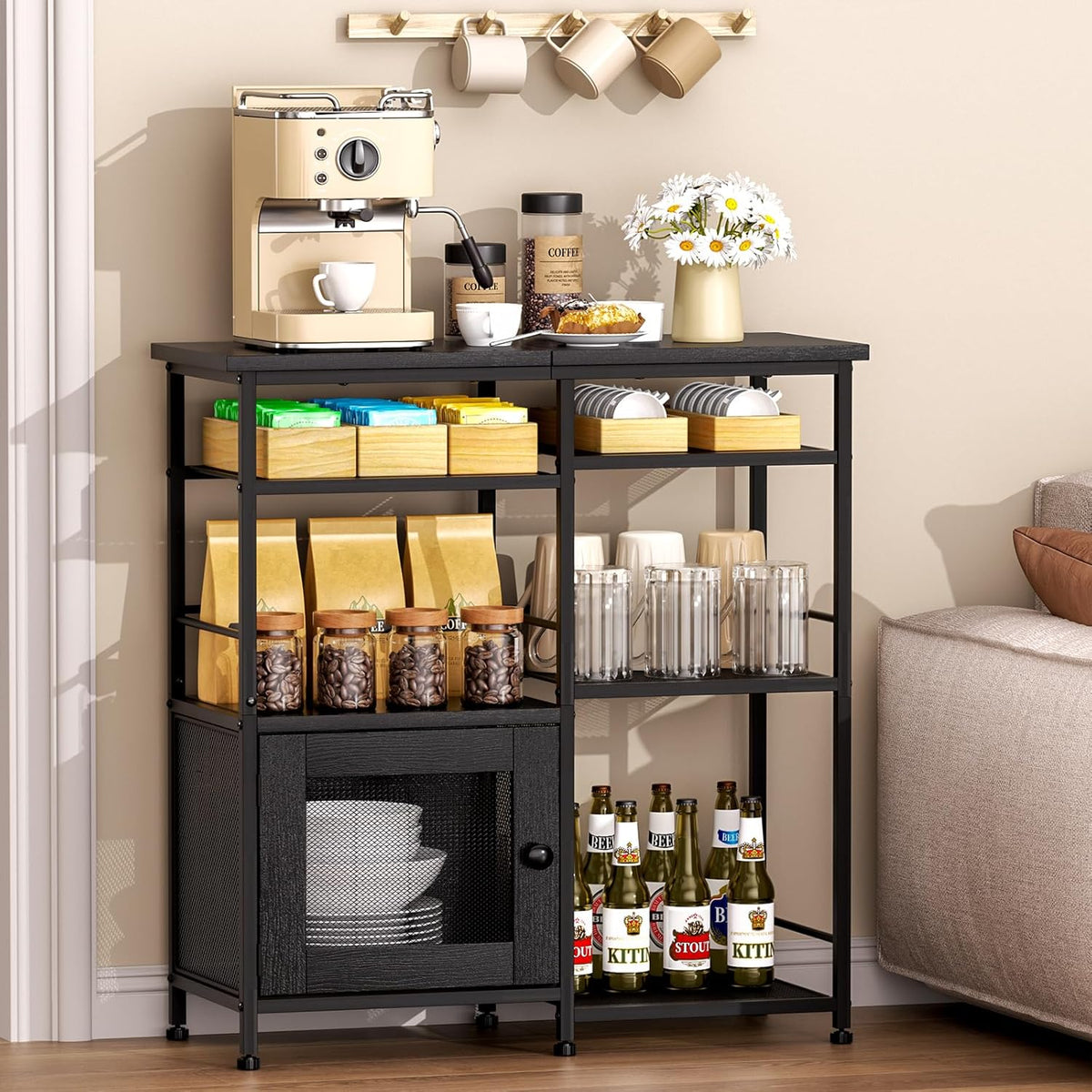 SWTYMIKI Coffee Bar Cabinet Station - Farmhouse Small Coffee Stand Station with Doors, Rustic Storage Organizer for Kitchen, Buffet Sideboard Cabinet Table for Home, Office, Corner, Bar, Black