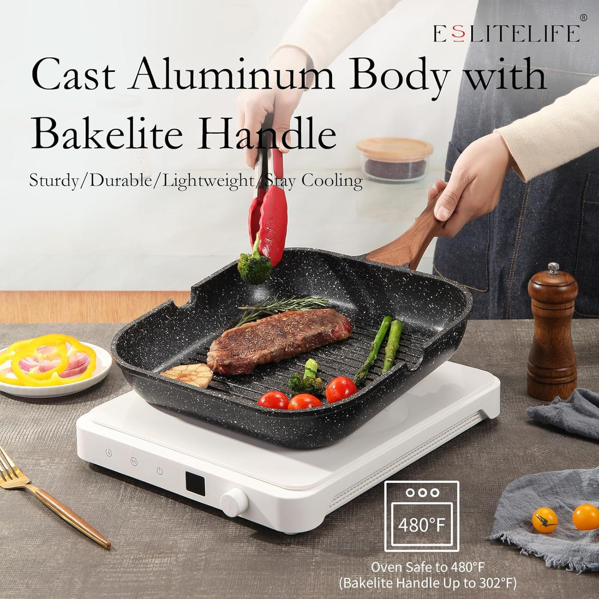 ESLITE LIFE 9.5 Inch Nonstick Grill Pan for Indoor Cooking, Versatile Induction Square Large Grilling Skillet Steak Pan for Stove Tops, PTFE & PFOA Free, Black