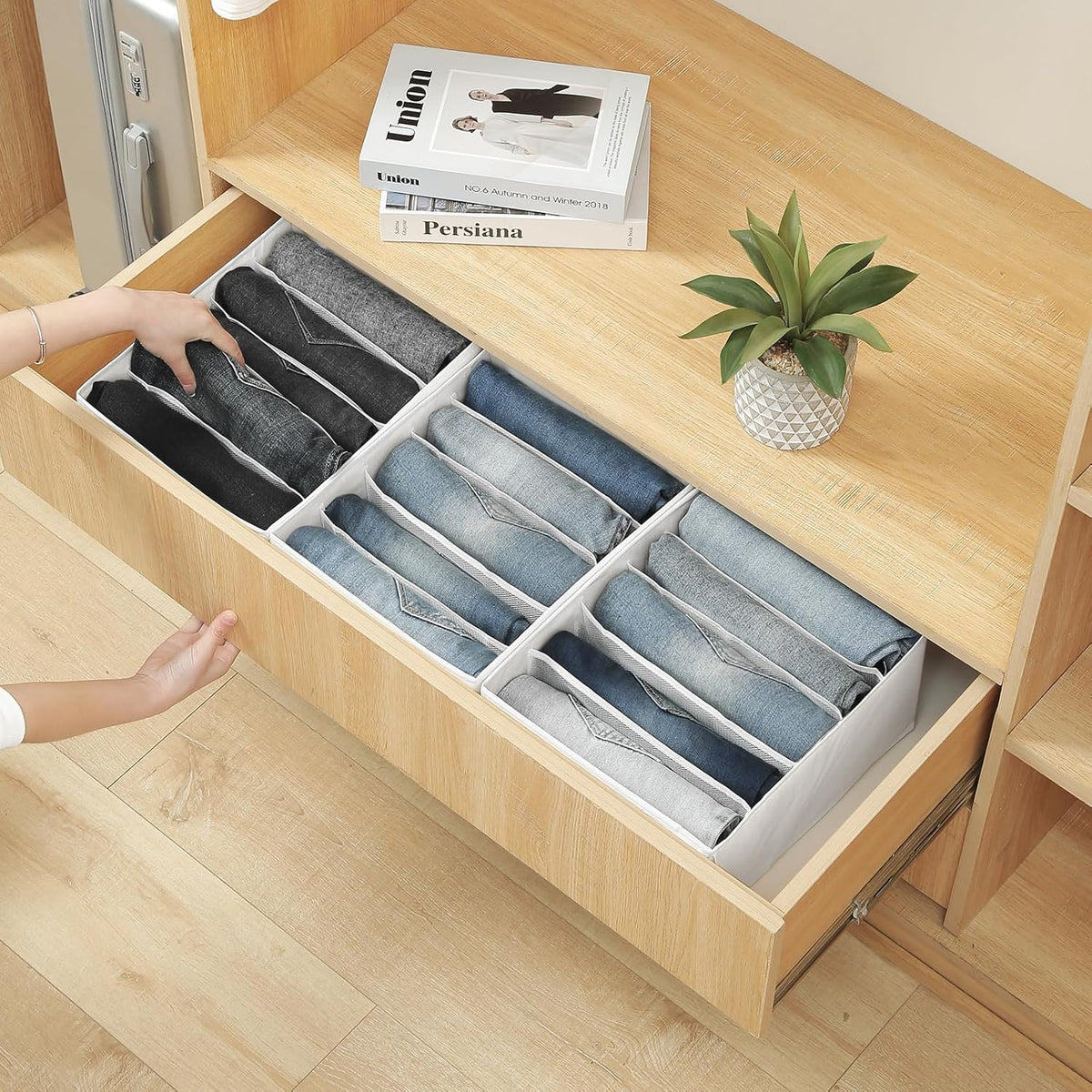 Qozary Jeans Pants Organizer for Closet, 4 Pack Drawer Organizers for Clothing, 5 Grids Wardrobe Clothes Organizer, Jean Organizer for Closet, Deep Drawer, Clothes Organizer for Shirts, Legging