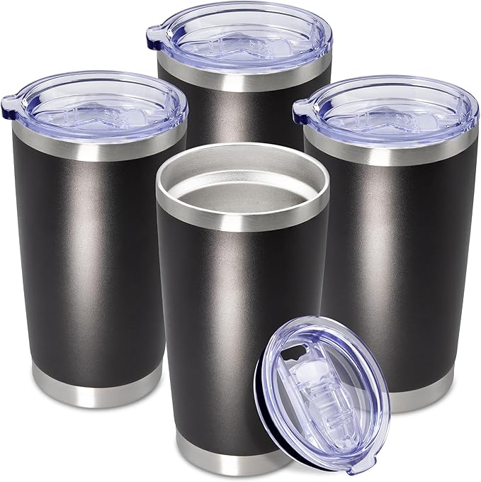 20 oz Tumbler Coffee Travel Tumblers Bulk with Lid Stainless Steel Double Wall Vacuum Insulated Mug Powder Coated Cups fit Car Cupholder for Hot and Cold - Black, 4Pack