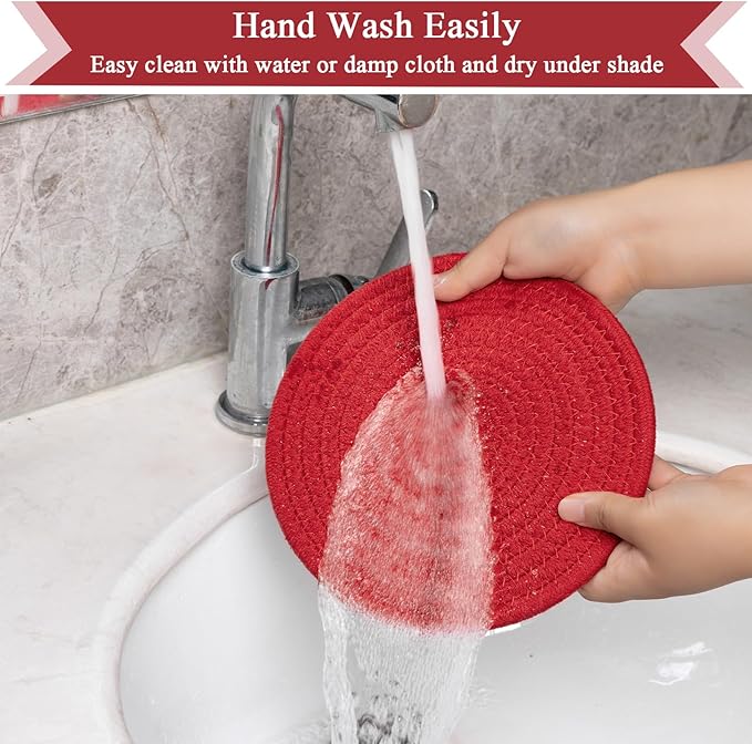 SHACOS 8 Inches Trivets for Hot Dishes, 4 Pieces Cotton Trivets Mats for Kitchen, Hot Pads for Countertops and Table, Heat-Resistant Pot Holders for Hot Pots and Pans(Red, 4pcs)