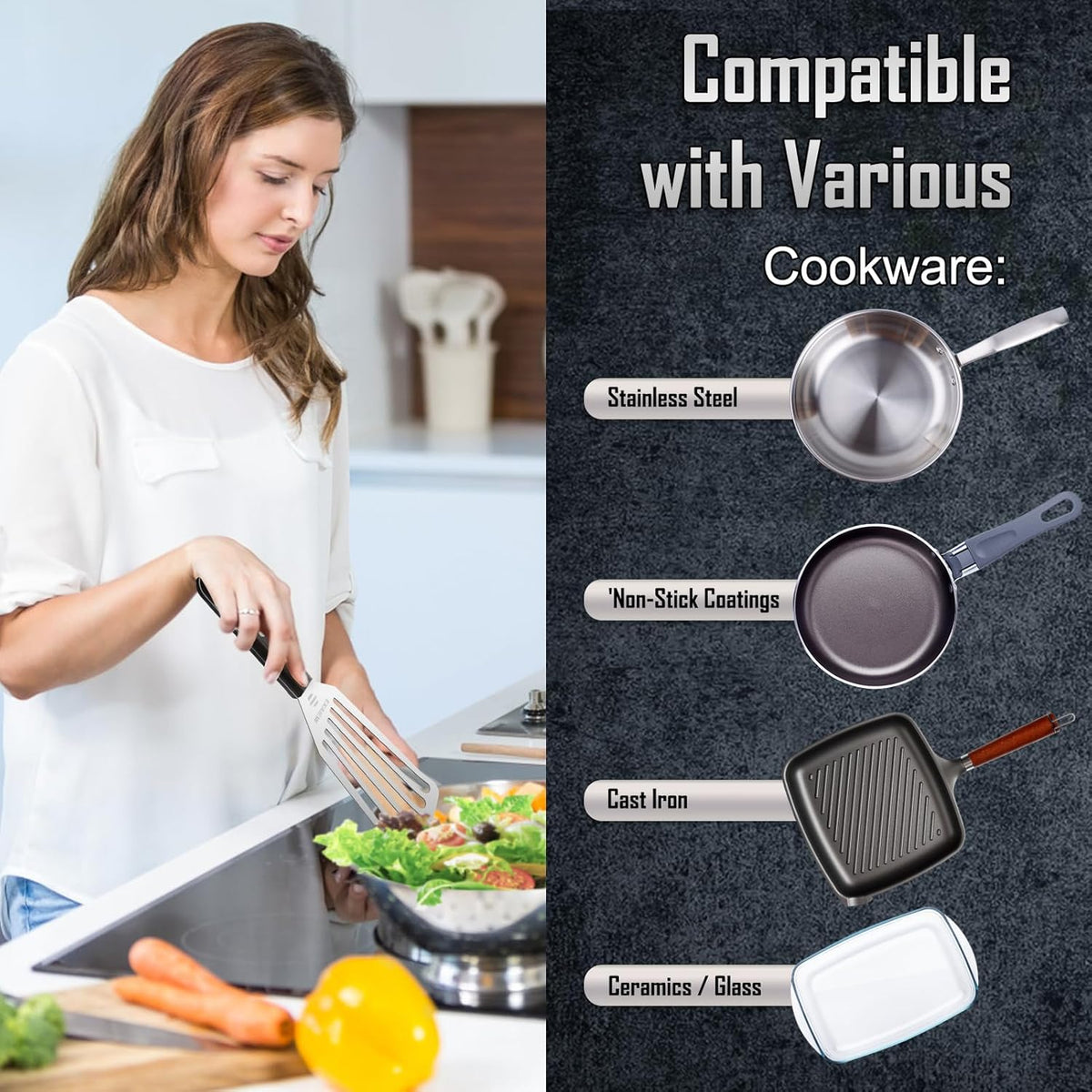 2 Pack Fish Spatula Stainless Steel, Flexible Fish Turner Spatula Perfect for Flipping Eggs, Burgers and Baking, Durable Lightweight Metal Kitchen Slotted Turner for Cooking & BBQ [Wooden Handle]