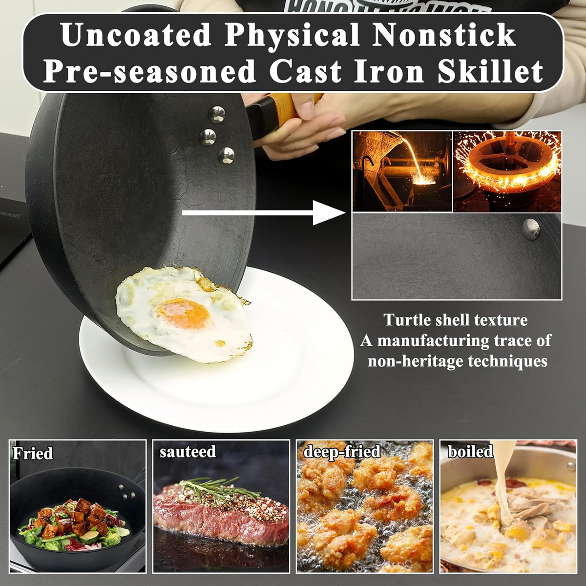 9 Inch Pre-Seasoned Cast Iron Skillet, ICH Technique, Thicker and Taller, Deep Frying Pan with Unique Tortoise Pattern for All Cooktops & Oven Safe