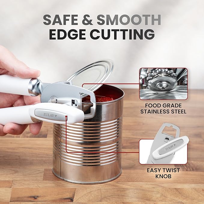Zulay Kitchen Heavy Duty Stainless Steel Can Opener Manual with Bottle Opener - Rust Proof Manual Can Opener With Turn Knob & Soft Grip Handles