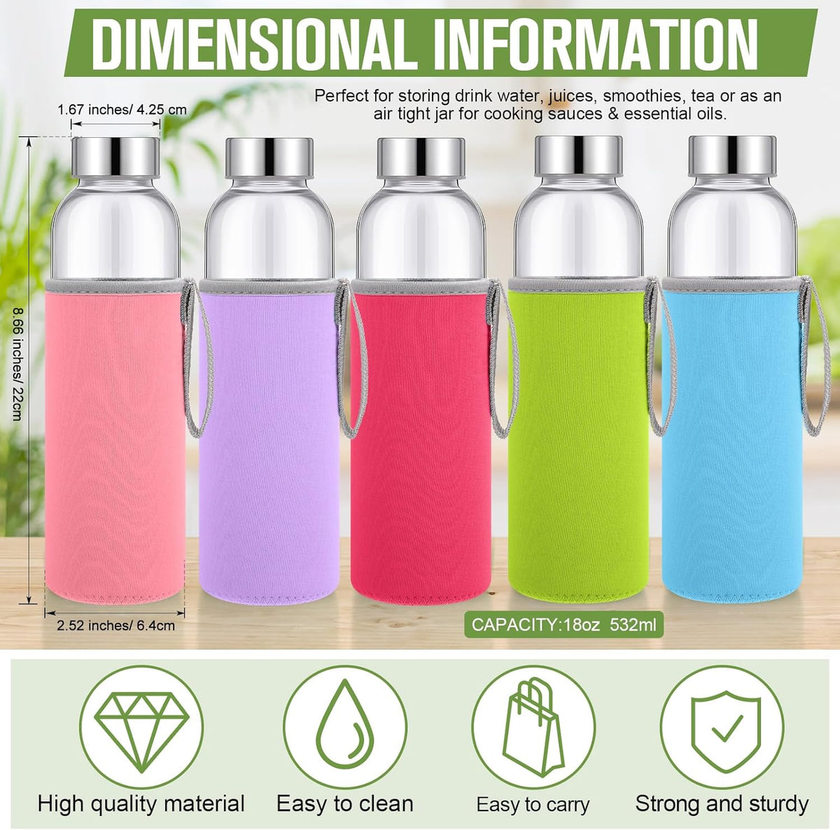 Vesici 12 Set 18 oz Clear Glass Water Bottles, Reusable Glass Juicing Bottles with Protection Sleeve and Stainless Steel Leak Proof Lids for Milk Smoothie Juice Beverage Tea (Colorful,Classic)