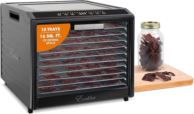 Excalibur Electric Food Dehydrator Performance Series 10-Tray with Adjustable Temperature Control Includes Stainless Steel Drying Trays Glass Door Top View Window and LED Display Progress Bar, Black