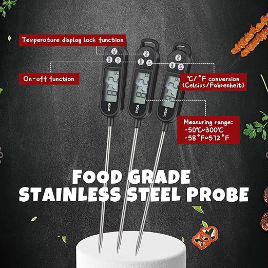 6 Pcs Instant Read Meat Thermometer with Long Probe 9.65 Inch Kitchen Cooking Food Candy Waterproof Digital Thermometer for BBQ Water Milk Yogurt Liquid Cooking(Black)