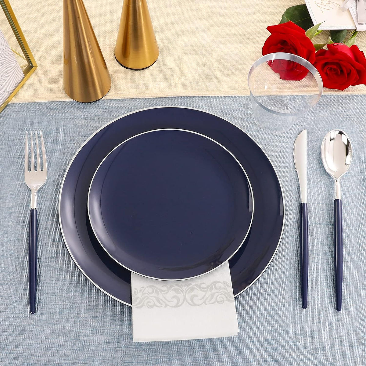 KIRE 175Pcs Blue Plastic Plates with Silver Rim & Disposable Silverware with Blue Handle & Silver-rim Cups & Hand Napkin & Plastic Dinnerware for Parties/Wedding