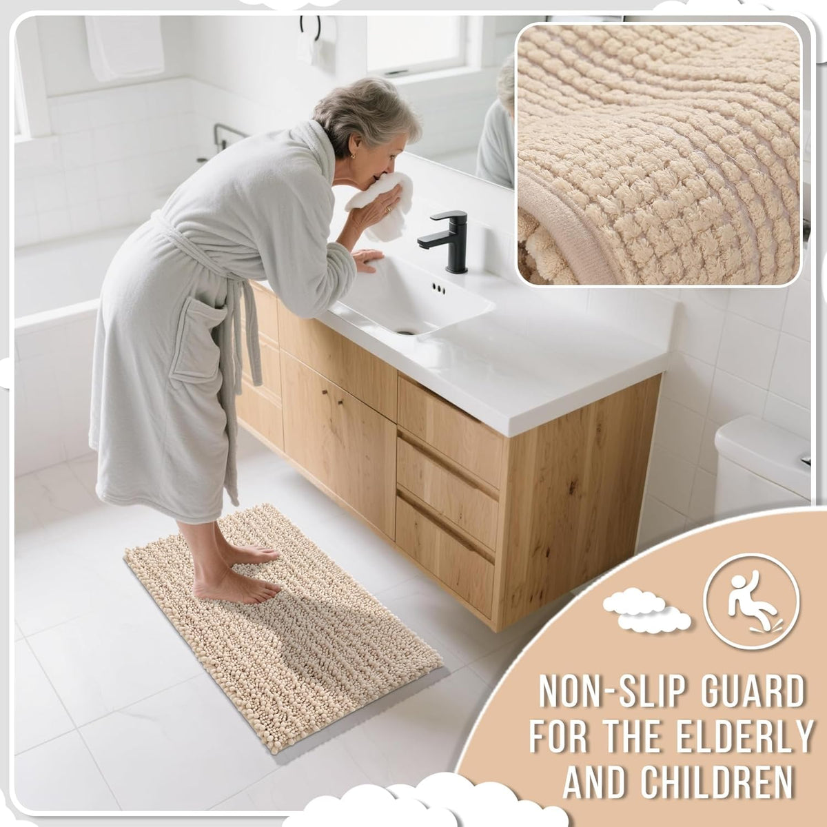 Yimobra Long Bathroom Rugs Non Slip Washable 44x24 Inch - Ultra Soft Absorbent Polyester Bath Mat, Quick Dry Shaggy Floor Carpet for Tub Shower, Light Brown Home Decor Accessories