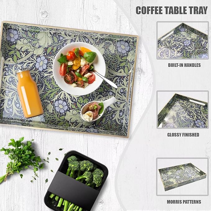 Spsyrine Serving Tray with Handles, Plastic Decorative Tray for Coffee Table, Living Room, Home Decor, Seaweed