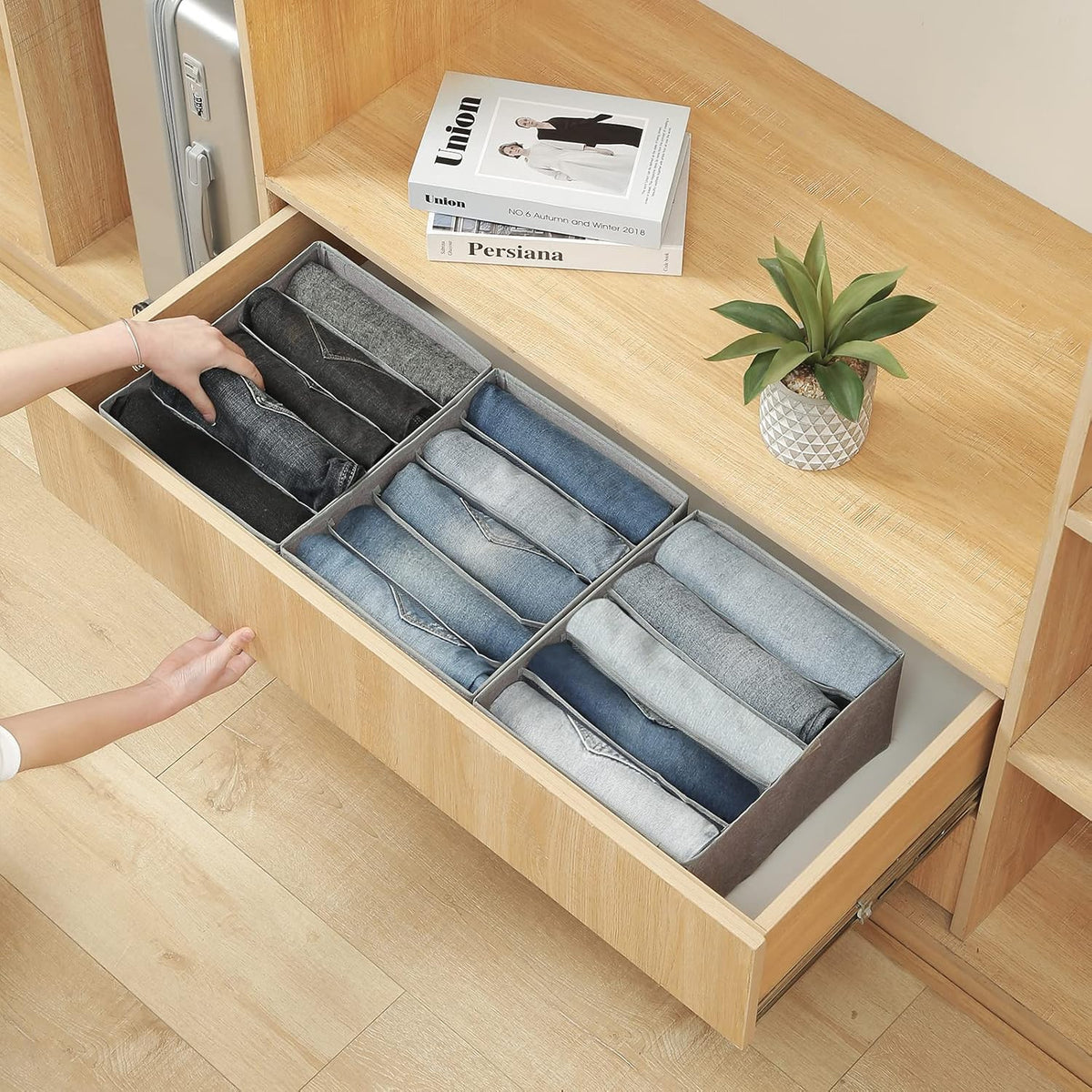Qozary Pants Jeans Organizer for Closet, 4 Pack Drawer Organizers for Clothing, 5 Grids Wardrobe Clothes Storage for Deep Drawer, T-Shirts, Legging, Short