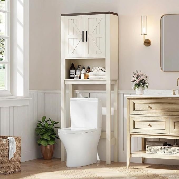 IDEALHOUSE 23.6 Inches Wide Toilet Rack with Over The Toilet Storage Cabinet, Bathroom Shelf Organizer with Anti-Tip Device, Small Freestanding Space Saver with Adjustable Shelf (Beige 23.6" W)