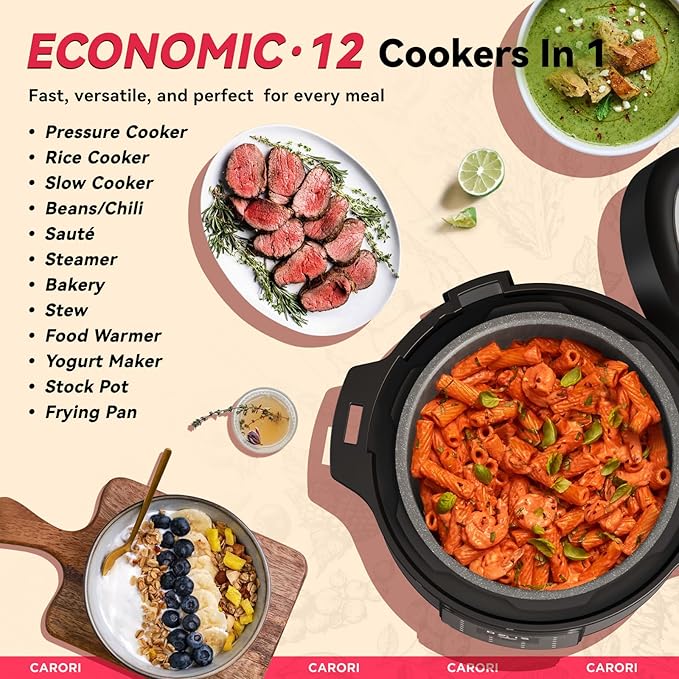 CARORI 1200W 12-in-1 Electric Pressure Cooker 8Qt, Stainless Steel Pressure Cooker, Slow Cook Rice Cooker Steamer Sauté, Yogurt Maker, Warmer & Sterilizer with Recipe, Safer Venting Design, Sliver