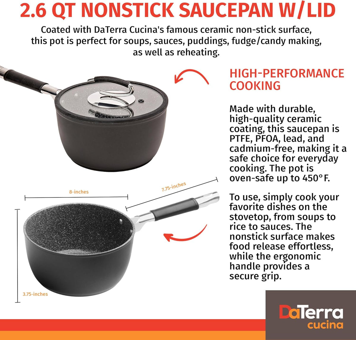 DaTerra Cucina - 2.6 Qt Nonstick Ceramic Saucepan with Lid – Induction Compatible Cooking Pot, Nonstick Ceramic Sauce Pan for Soup, Pasta, Milk, and More, Medium Size for Kitchen, Oven Safe