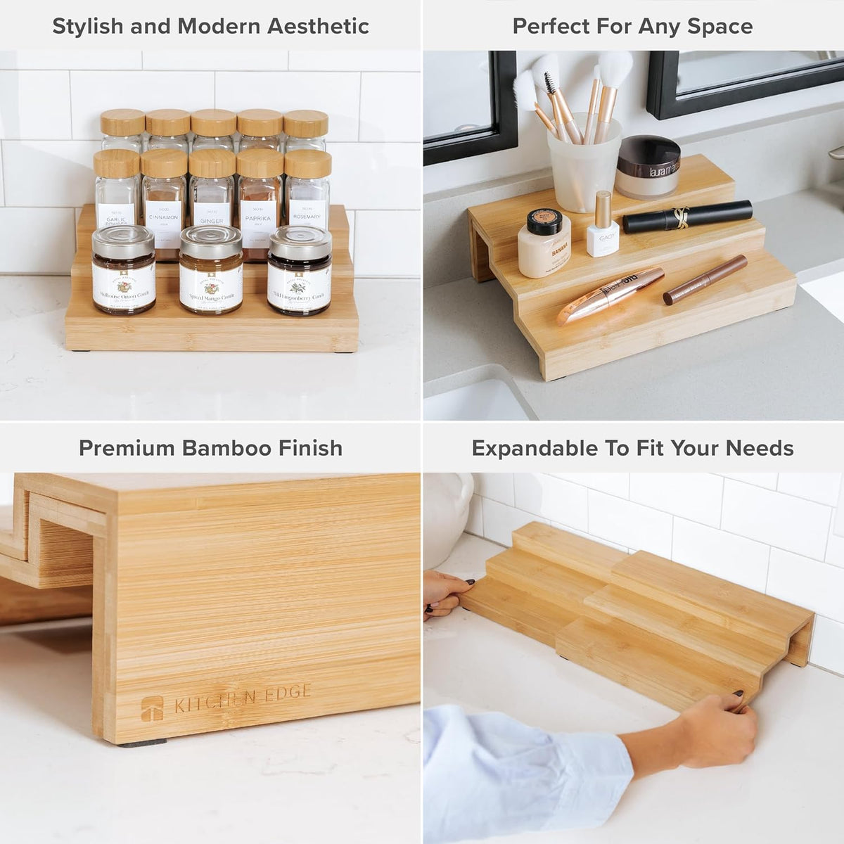 KitchenEdge Expandable Spice Rack Organizer for Cabinet, 3-Tier Shelf for Spice Organization (11” to 22”), Fits 36 Spice Jars, Seasoning and Pantry Storage, Non-Slip Feet, 100% Bamboo Wood