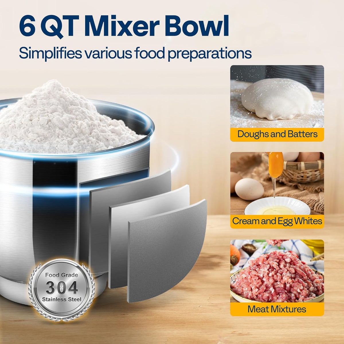 VIVOHOME 3 in 1 Multifunctional Stand Mixer with 6 Quart Stainless Steel Bowl, 650W 6 Speed Tilt-Head Meat Grinder, Juice Blender, Blue