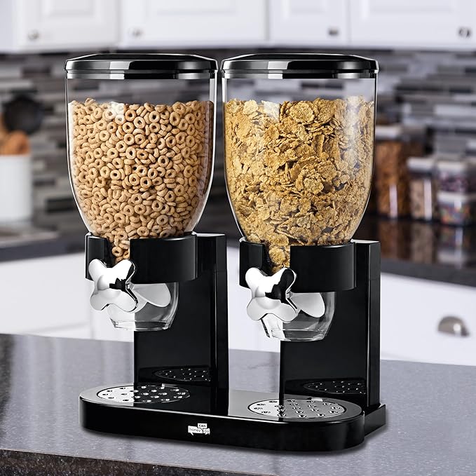 Honey-Can-Do Zevro Essential Dual-Control Dry Food Dispenser – Effortless & Organized Storage for Cereal, Dog Food, or Snack Dispenser for All Kinds of Treats, 17.5 oz Each Capacity, Black/Chrome