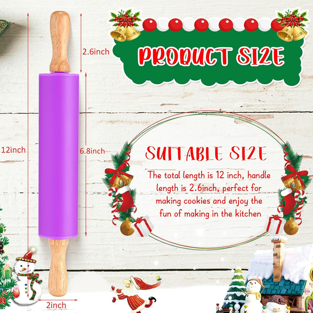 Dandat Small Rolling Pin Kids 12 Inch Mini Silicone Rolling Pin for Baking Non Stick Kids Dough Roller with Wooden Handle for Kitchen Cookie Pastry Fondant Cake 6 Colors (12 Pcs)