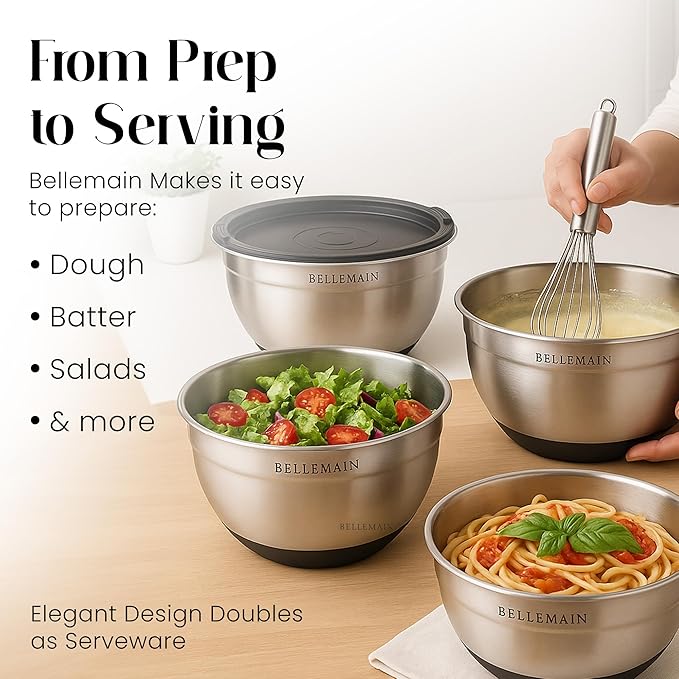 Bellemain Mixing Bowls with Lids Set - Stainless Steel Mixing Bowls with Airtight Lids - Food Storage Containers - 3PCS Set with Non-Slip Bottoms Kitchen Essentials for Baking - Serving